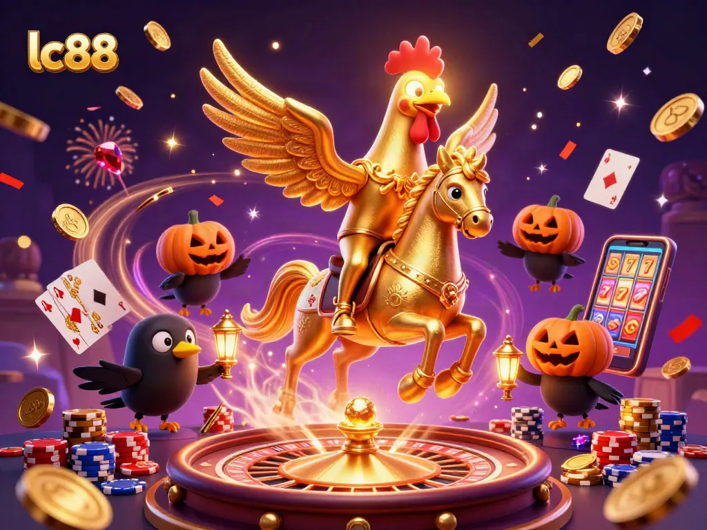 Experience the thrill of lc88 as the golden rooster navigates a vibrant casino scene filled with shimmering rewards.