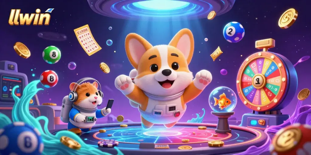 llwin promotes excitement as a corgi astronaut navigates a vibrant space casino with floating lottery balls and glowing bingo cards