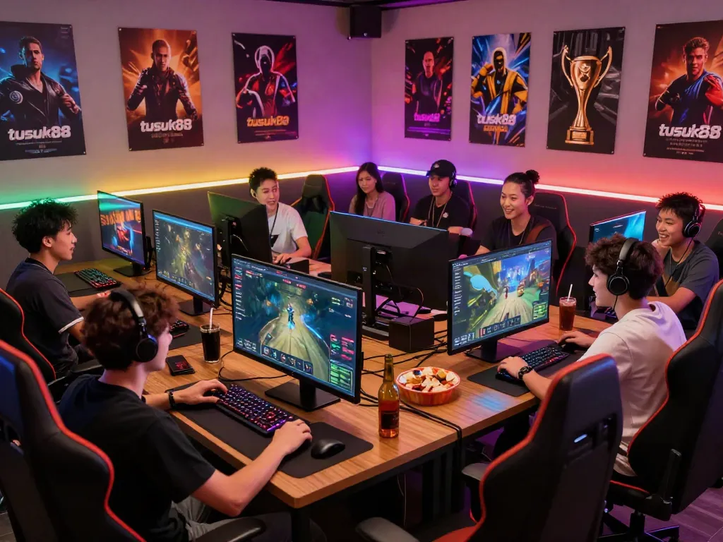 Gamers enjoying the vibrant tusuk88 gaming experience in a lively setting.