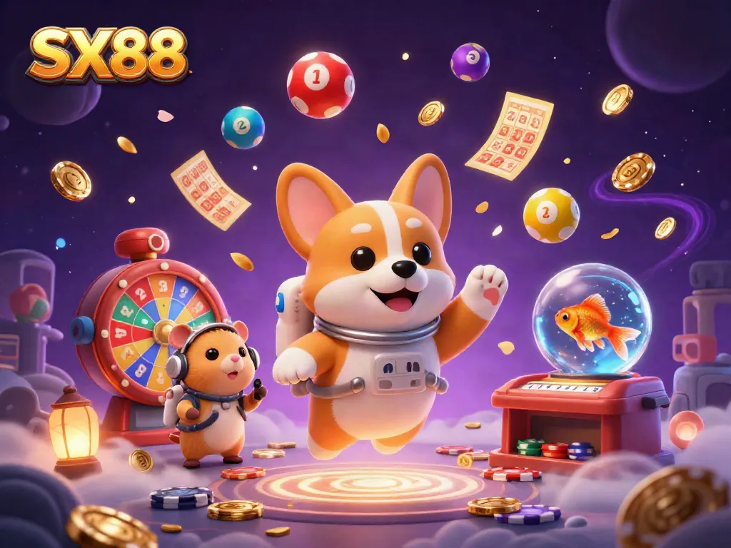 SX88 illuminates the space casino scene with a cartoon astronaut corgi, flying poker chips, and dancing lottery balls.