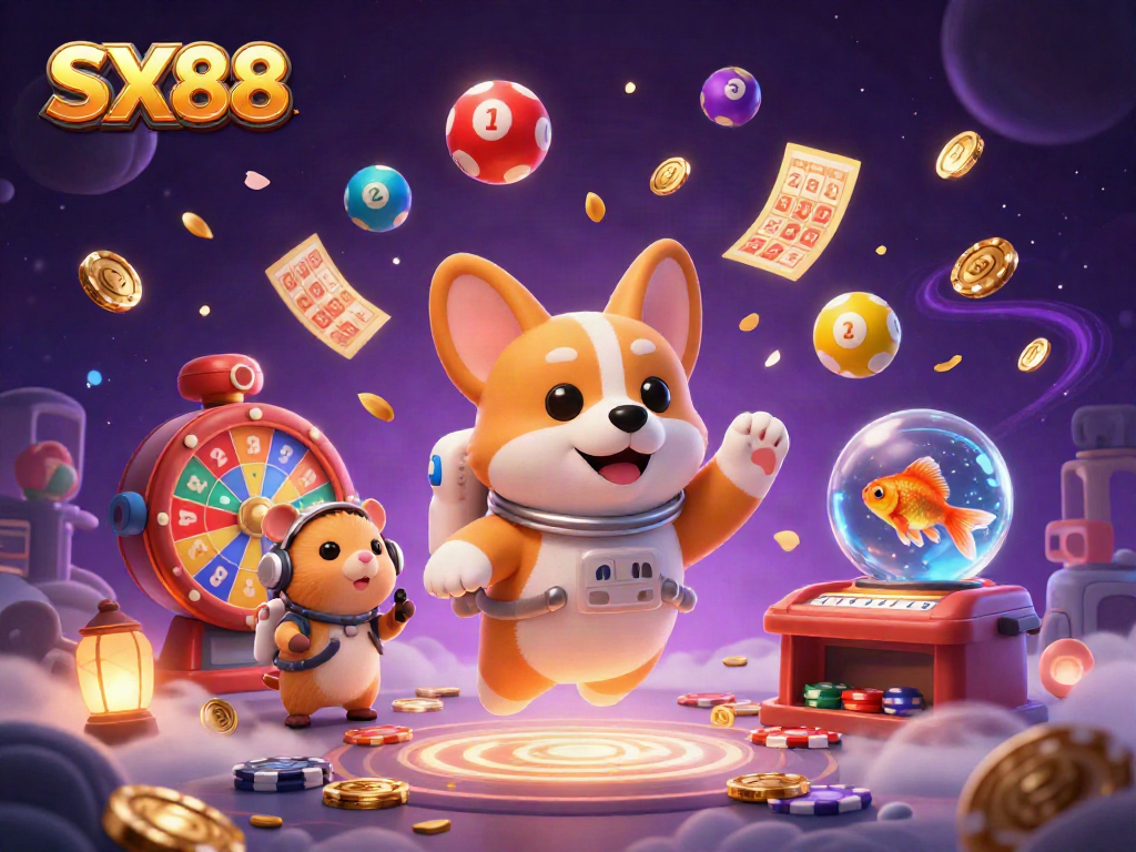 SX88 illuminates the space casino scene with a cartoon astronaut corgi, flying poker chips, and dancing lottery balls.