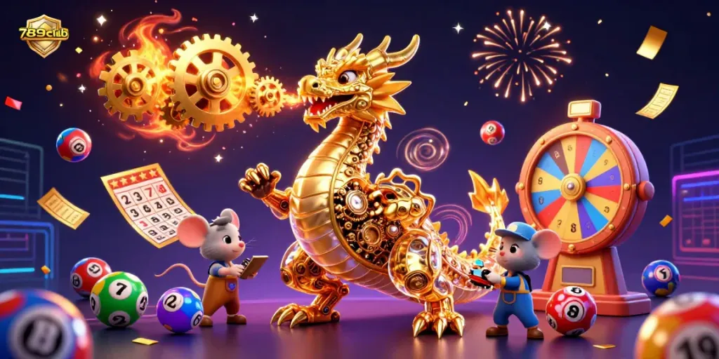 Experience thrilling action with 789club as a golden dragon breathes gears and cogs amidst vibrant gaming elements.