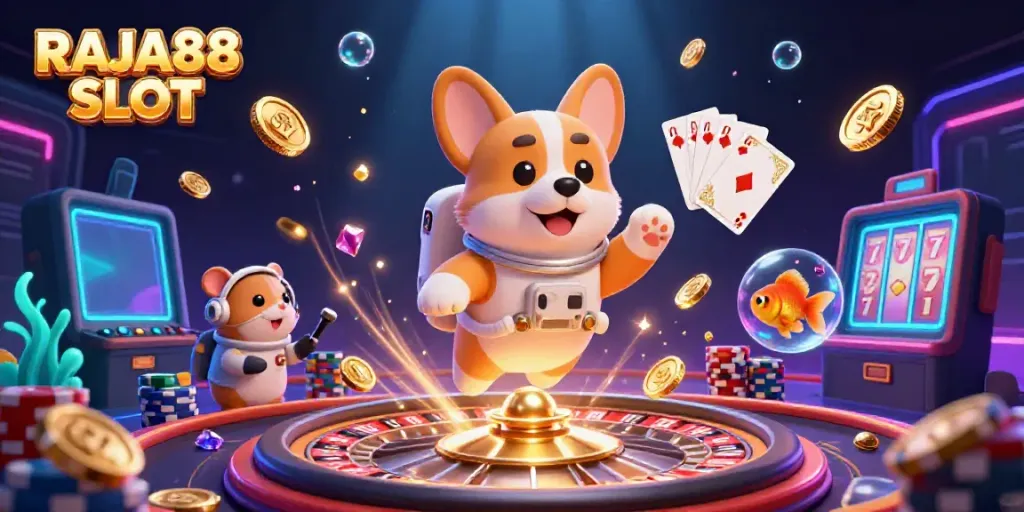 Experience the excitement of RAJA88 SLOT in a vibrant casino space station with unique characters.