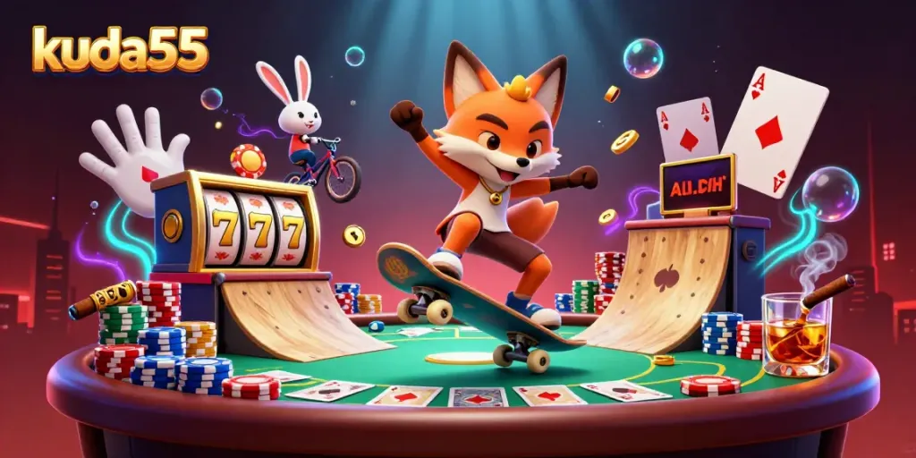 Visualisasi bermain slot gacor di kuda55, dengan simbol jackpot dan karakter kartun.