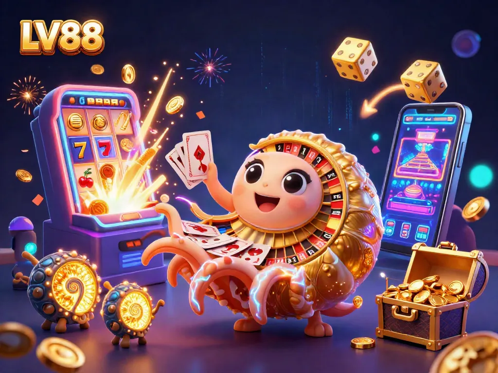 LV88 spins the excitement of casino gaming with vibrant slot machines and a glowing roulette nautilus.