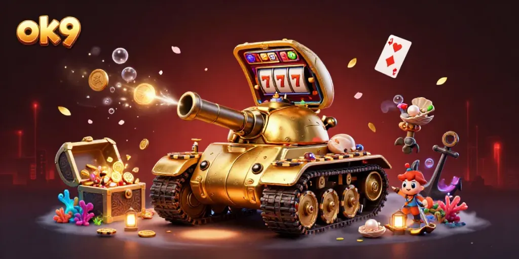 Experience the thrill of ok9 with a vibrant casino scene inside a golden beetle tank, combined with classic gambling elements.