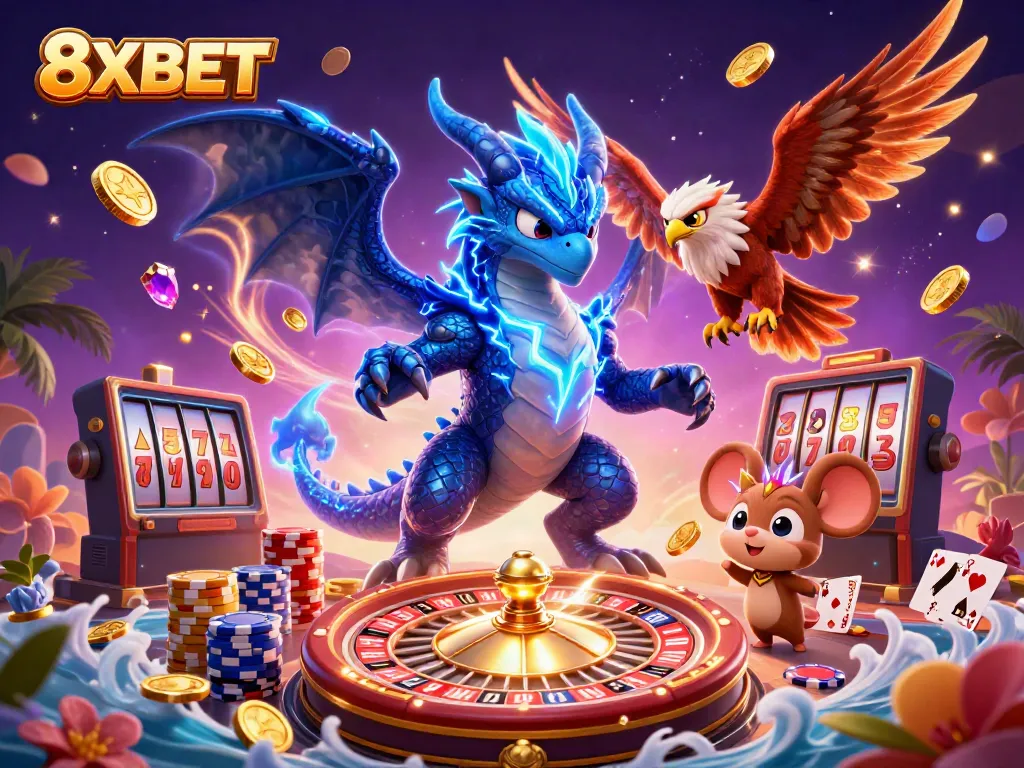Engage in thrilling gaming at 8XBET with dynamic scenes of coins, dragons, and casino excitement.